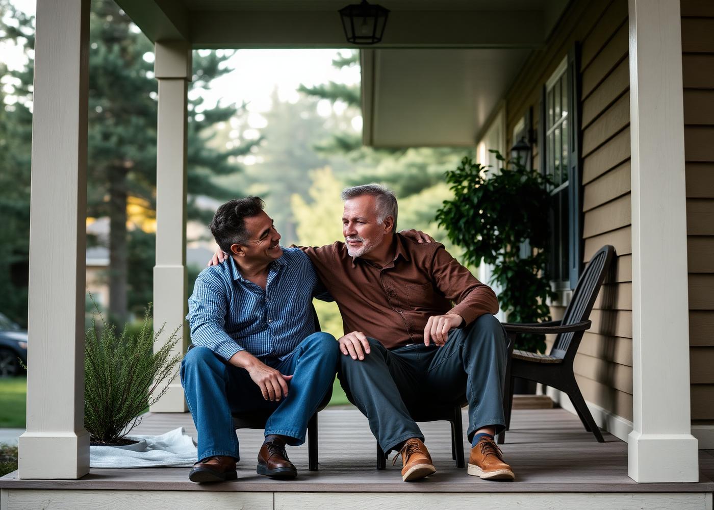 Two men supporting each other on the porch of a recovery home