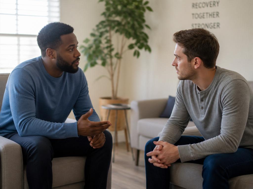 A Black resident and a white resident having a supportive conversation in the recovery residence living room